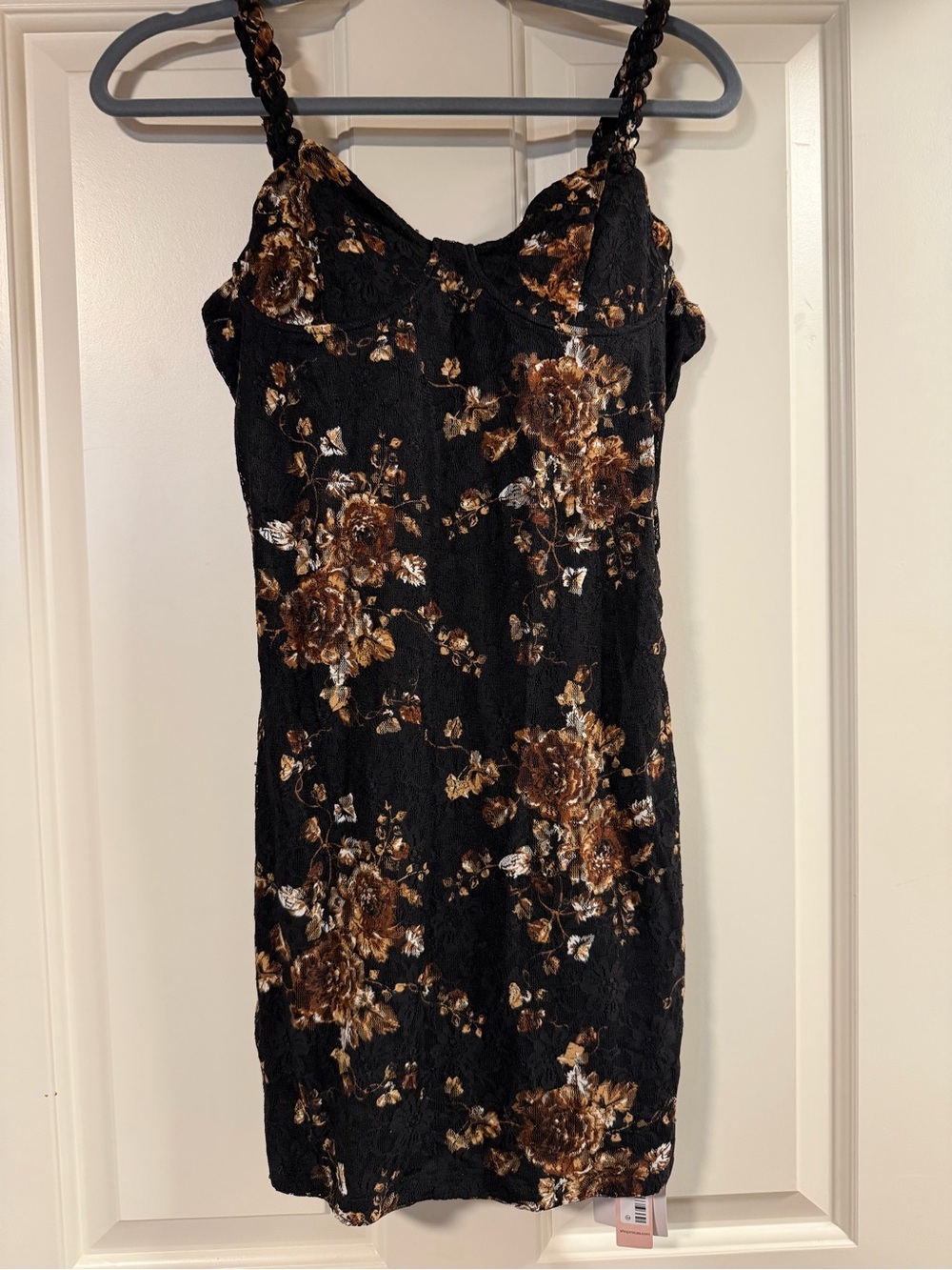 Micas Black Floral Lace Mini Dress Braided Straps Size L (Fits M)